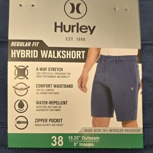 NWT HURLEY MEN'S SLATE BLUE HYBRID WALKSHORTS WATER SWIM 38 WAIST 9 INCH INSEAM